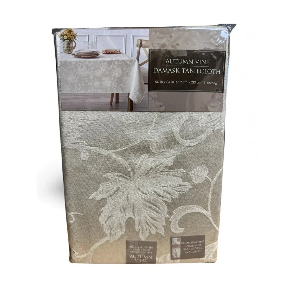 Autumn Vine Damask Tablecloth Ivory 60x84 Oblong New In Package